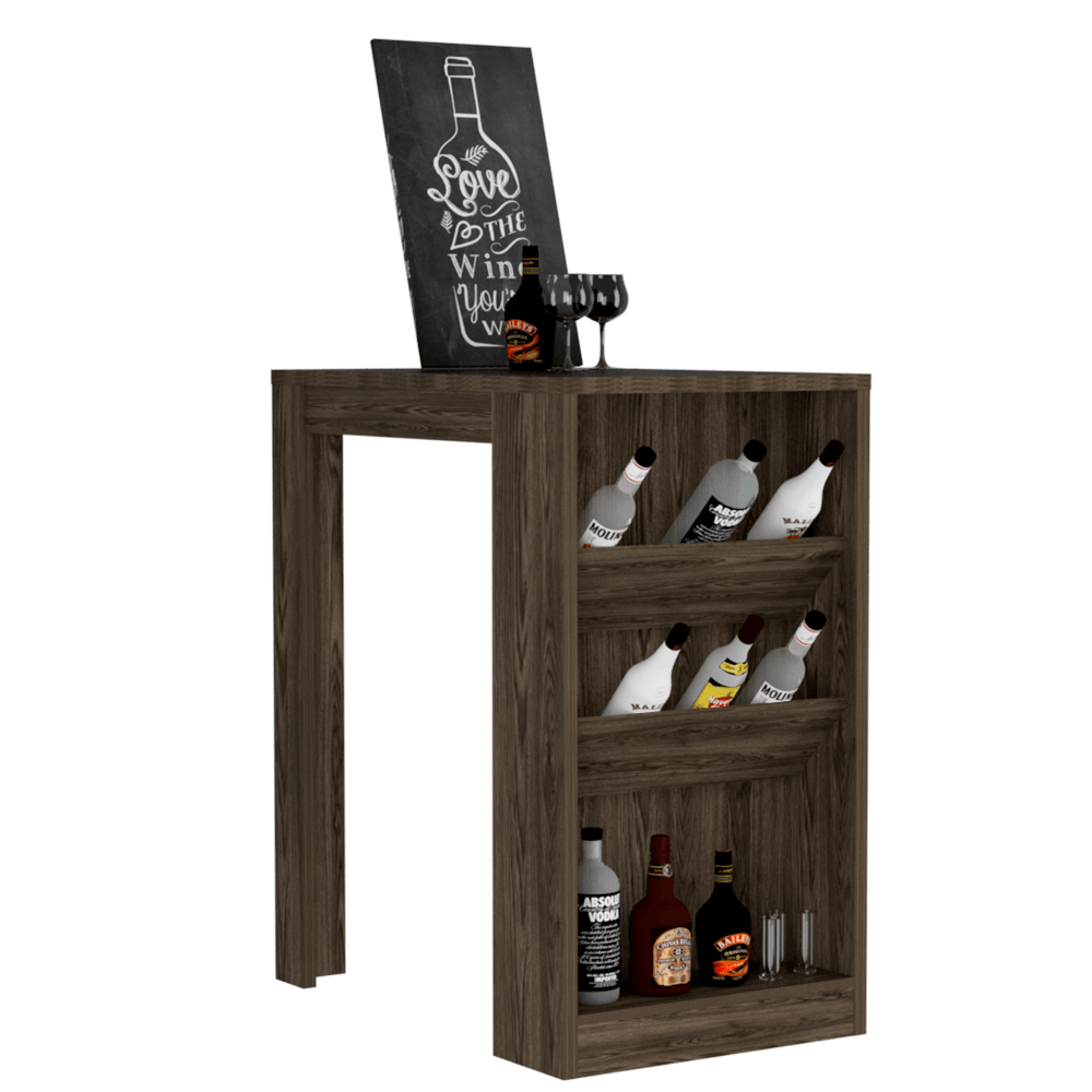 MESA DE BAR CELESTE, CHOCOLATE, CON TRES ESTANTES PARA BOTELLAS