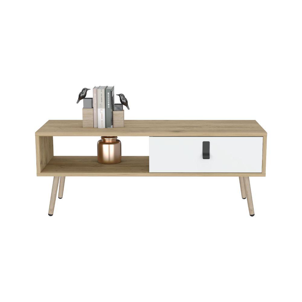 MESA DE CENTRO HUNA, BLANCO Y MACADAMIA, CON ESPACIOS PARA COLOCAR OBJETOS DECORATIVOS