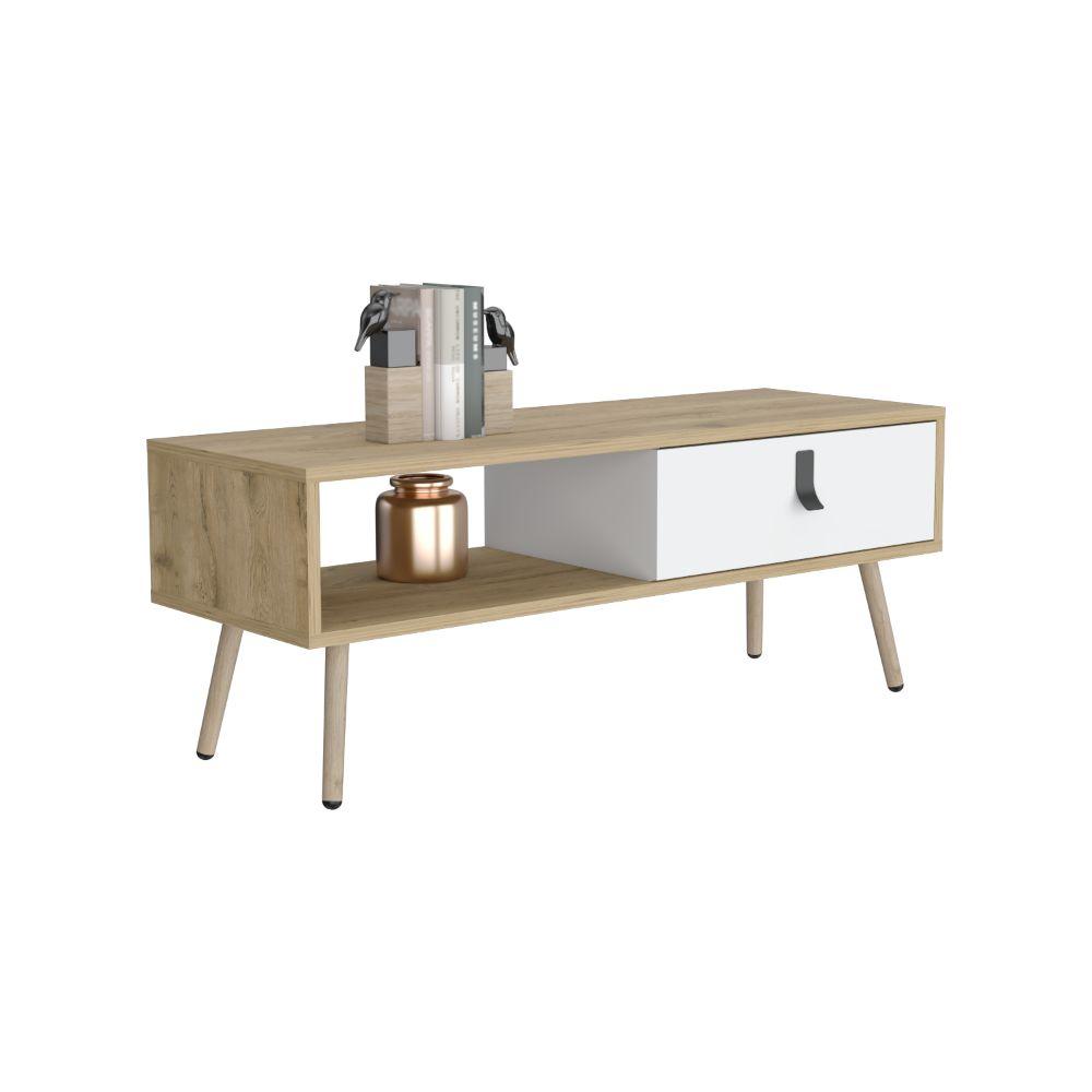 MESA DE CENTRO HUNA, BLANCO Y MACADAMIA, CON ESPACIOS PARA COLOCAR OBJETOS DECORATIVOS