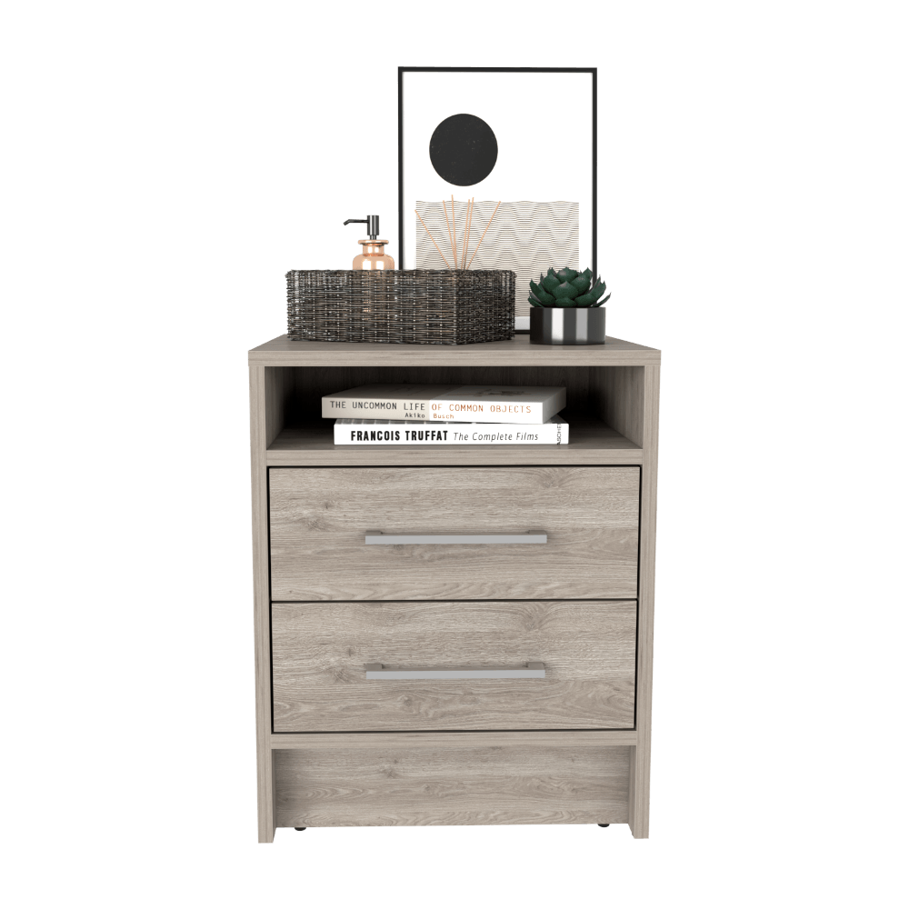 MESA DE NOCHE BRAIL, HUMO, CON ESPACIO PARA COLOCAR OBJETOS DECORATIVOS ZF