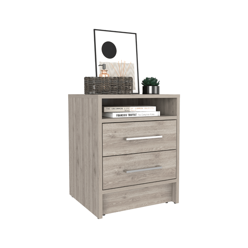 MESA DE NOCHE BRAIL, HUMO, CON ESPACIO PARA COLOCAR OBJETOS DECORATIVOS ZF