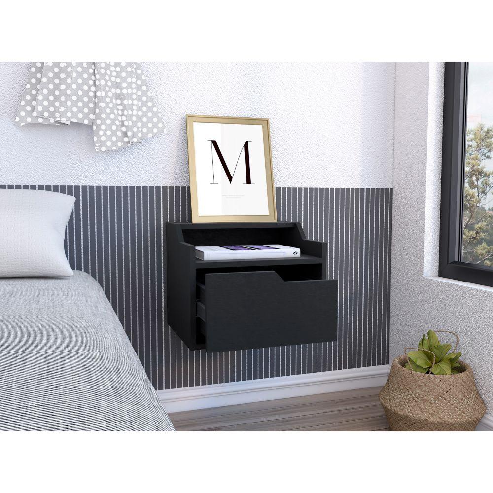 MESA DE NOCHE FLOTANTE BUSAN, WENGUE, CON ESPACIO PARA COLOCAR OBJETOS DECORATIVOS