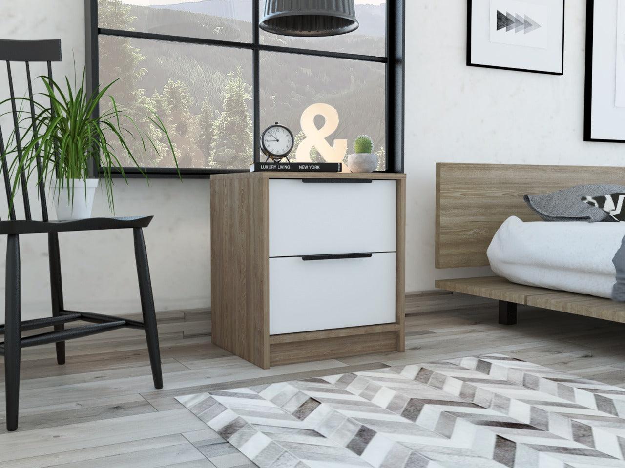 MESA DE NOCHE WESLEY, MIEL Y BLANCO, CON DOS CAJONES ORGANIZADORES