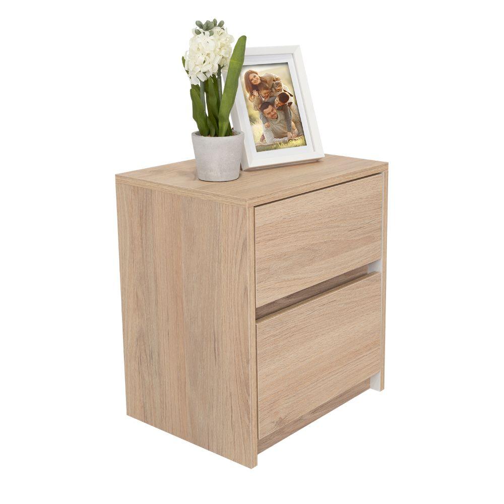 MESA DE NOCHE OZZAN, BEIGE Y BLANCO, CON DOS CAJONES DESLIZABLES CON APERTURA SIN MANIJAS