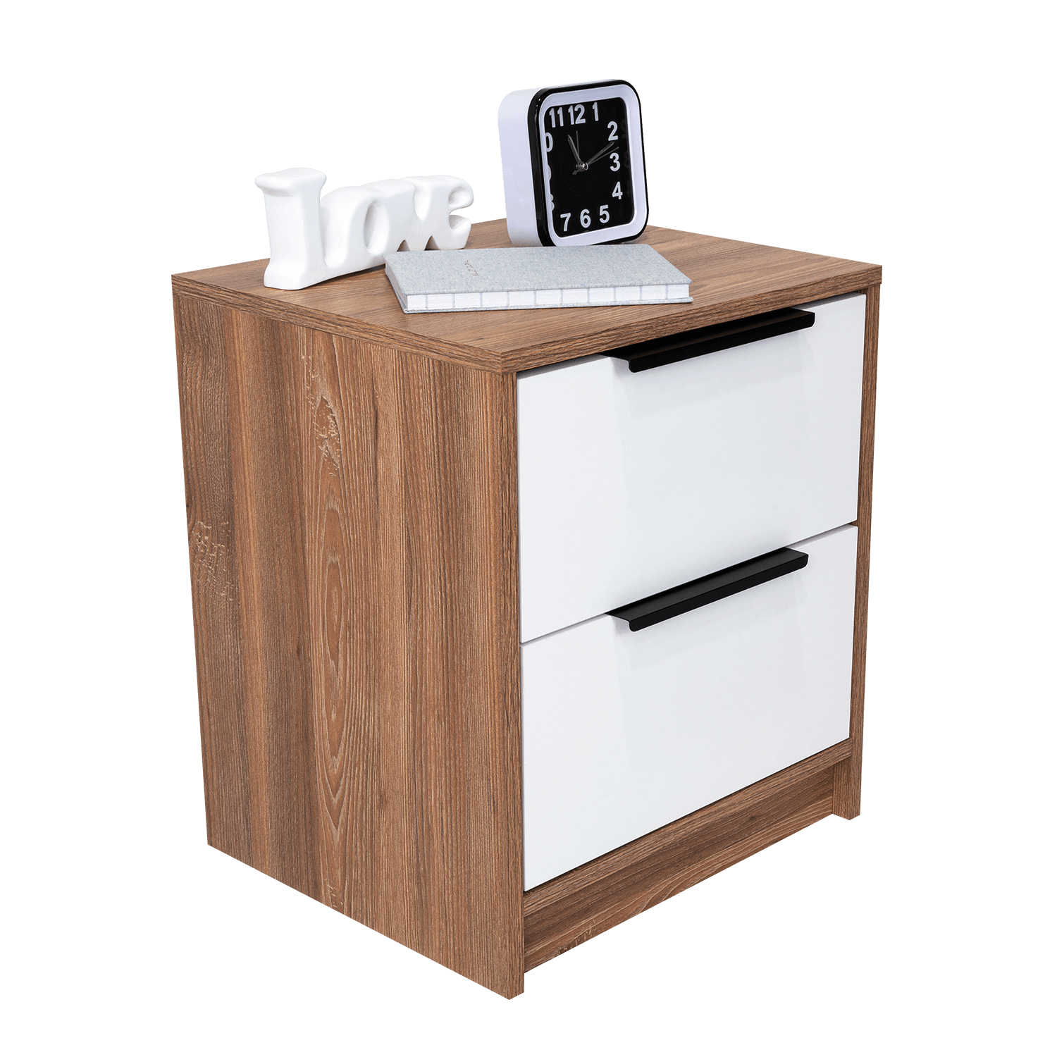 MESA DE NOCHE WESLEY, MIEL Y BLANCO, CON DOS CAJONES ORGANIZADORE