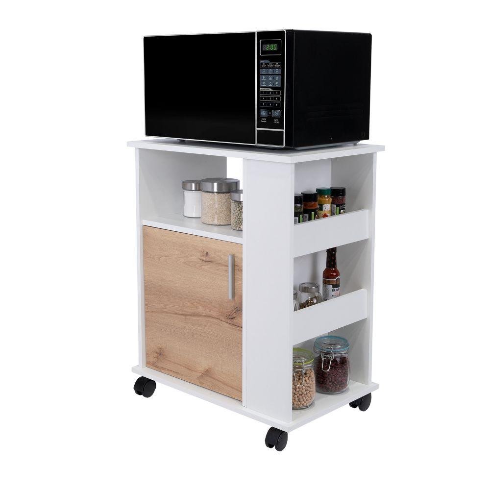 MÓDULO MICROONDAS TAHARA, CAFÉ CLARO Y BLANCO, CON RODACHINAS PLÁSTICAS Y AMPLIO ESPACIO PARA ALMACENAR