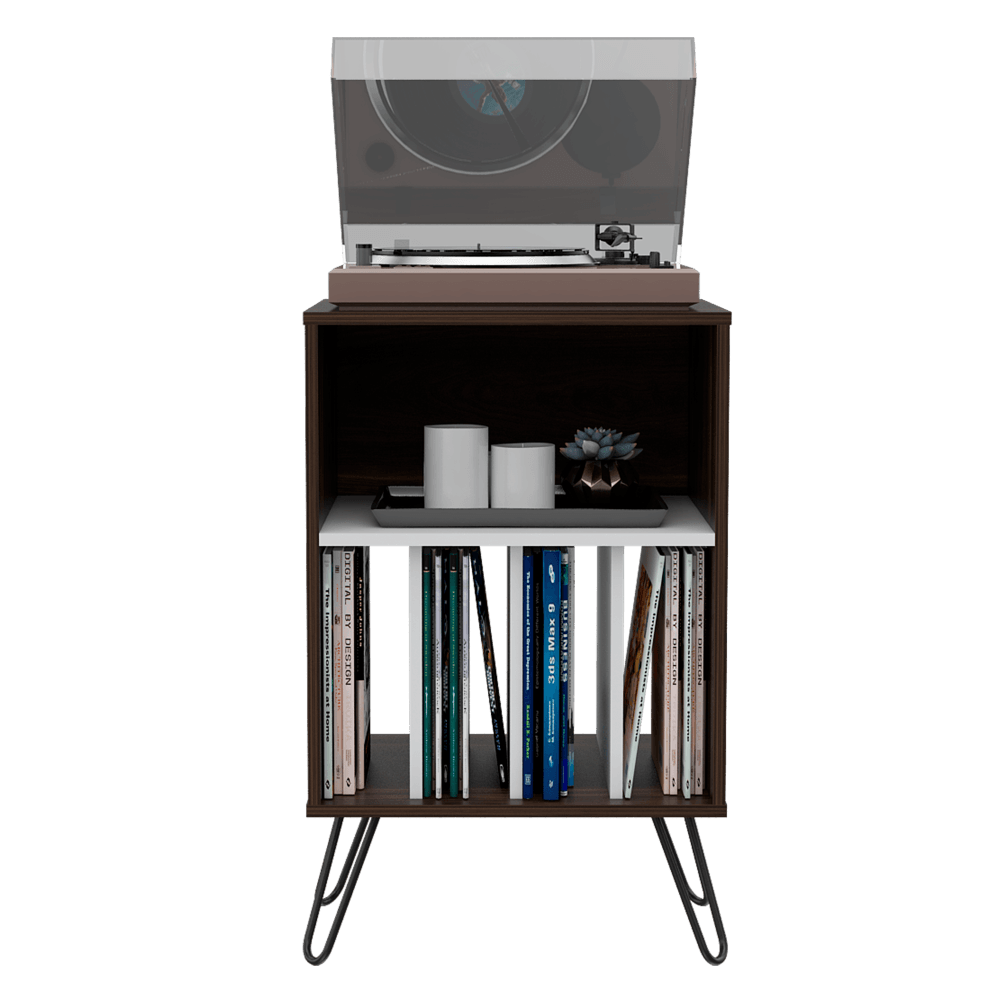 MUEBLE AUXILIAR LARA, CAOBA Y BLANCO, CON PATAS EN ACERO Y ESPACIO PARA OBJETOS DECORATIVOS