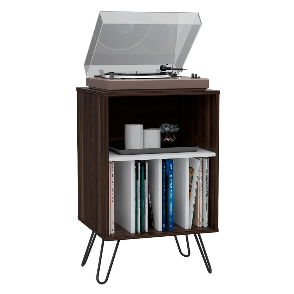 MUEBLE AUXILIAR LARA, CAOBA Y BLANCO, CON PATAS EN ACERO Y ESPACIO PARA OBJETOS DECORATIVOS