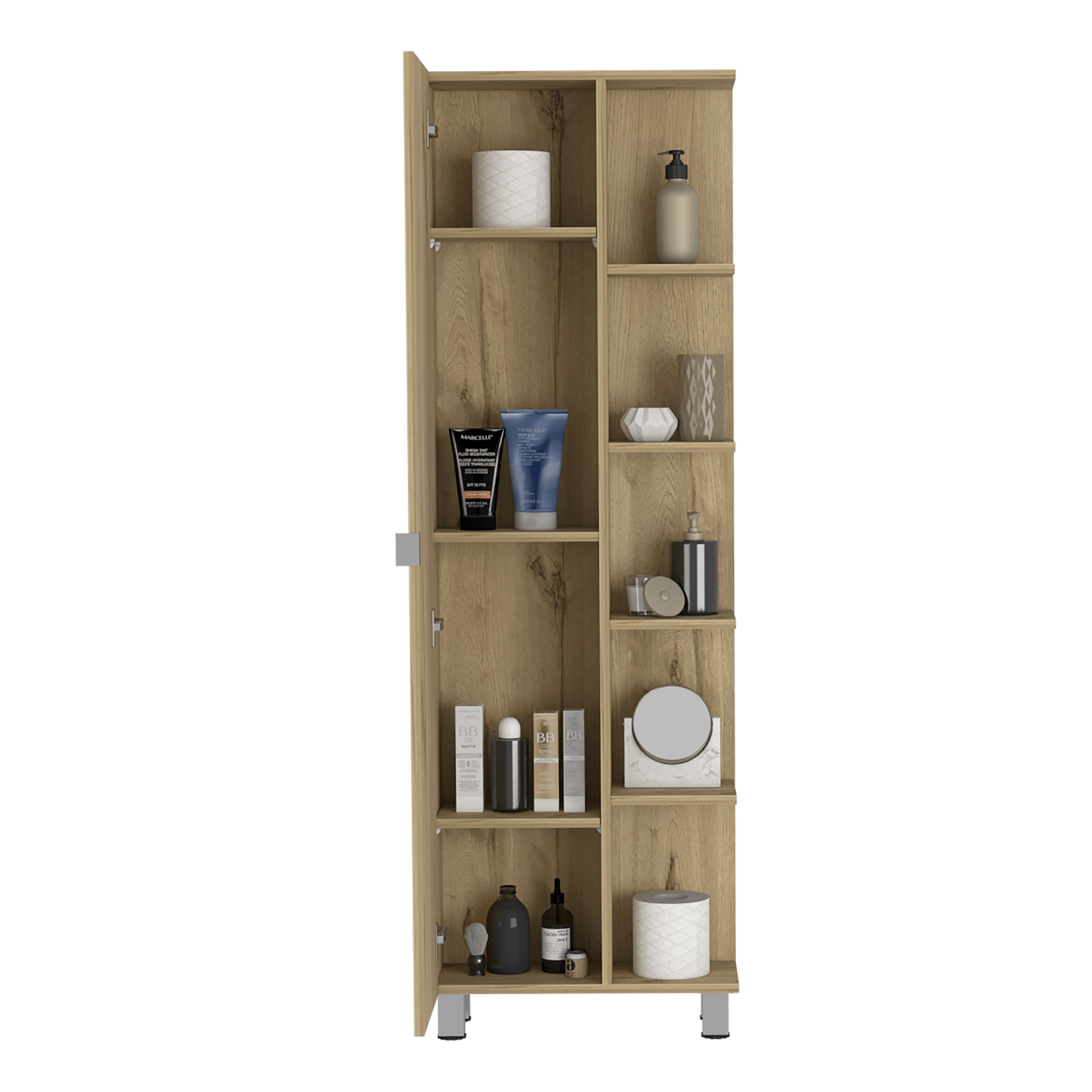 MUEBLE ESQUINERO ARÁN, CAFÉ CLARO, CON VARIEDAD DE ENTREPAÑOS