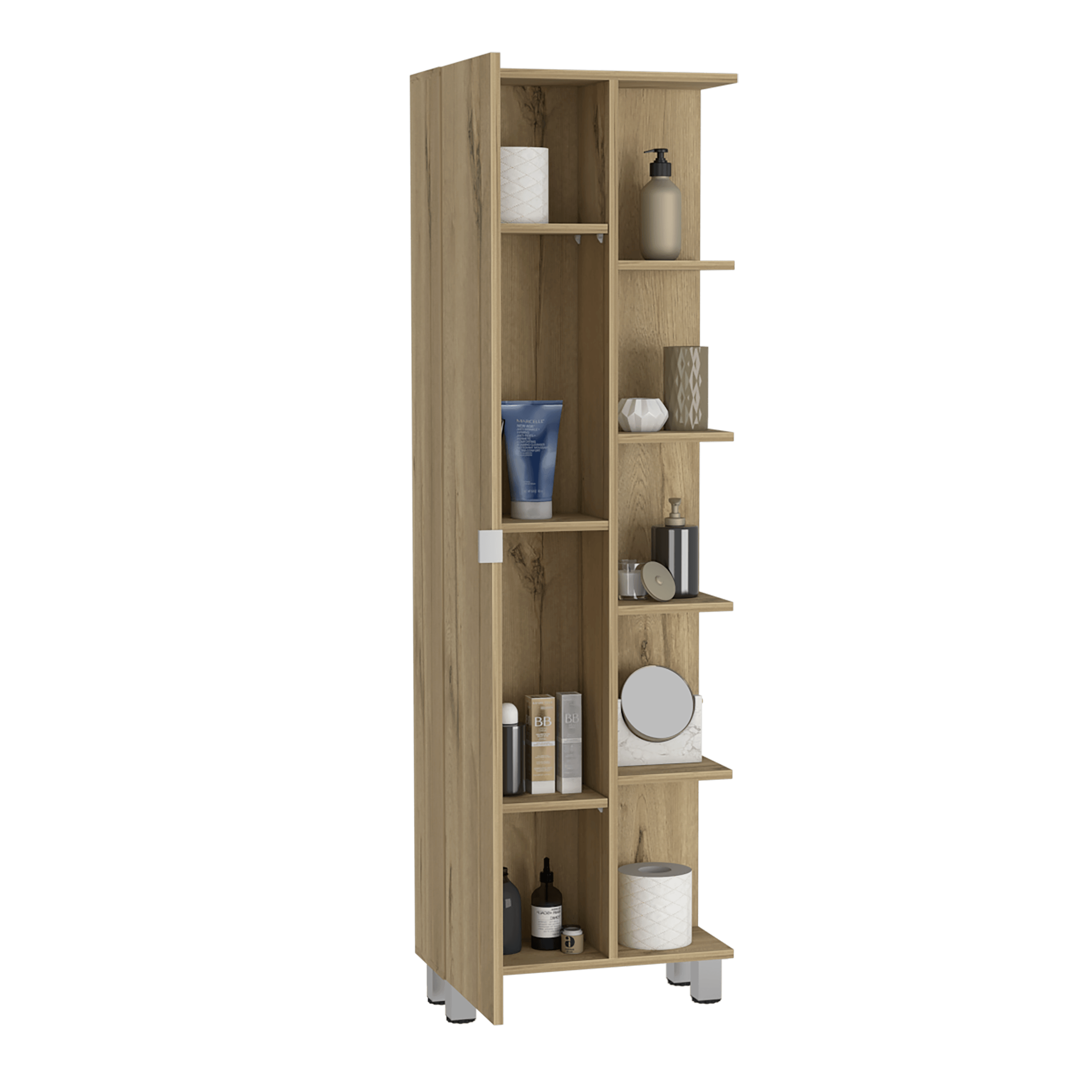 MUEBLE ESQUINERO ARÁN, CAFÉ CLARO, CON VARIEDAD DE ENTREPAÑOS