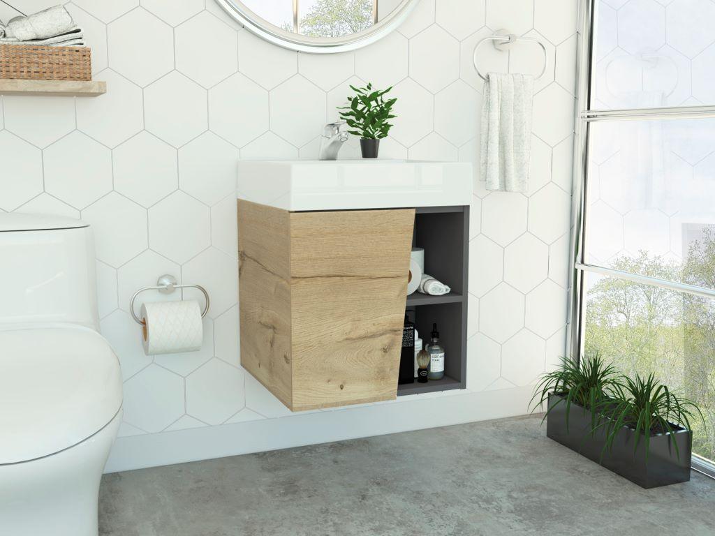 MUEBLE PARA LAVAMANOS ELIPSE, CAFÉ CLARO Y PLATA OSCURO, CON AMPLIO ESPACIO PARA GUARDAR PRODUCTOS DE ASEO 45