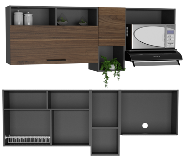 GABINETE SUPERIOR PRAGA, PLATA OSCURO Y CASTAÑO, CON ENTREPAÑO PARA MICROONDAS