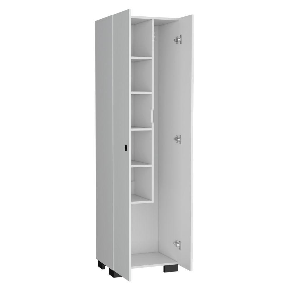 MUEBLE DE ASEO BLAKE, BLANCO, CON GRAN ESPACIO PARA ALMACENAR ARTICULOS DE ASEO Y COLGADERO DE ESCOBAS ZF