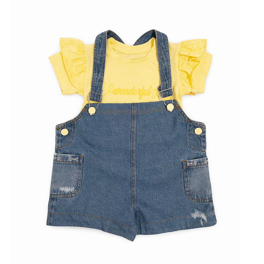 62013 CONJUNTO NIÑA BEBÉ - OVEROL DENIM CORTO Y CAMISETA VOLANTES