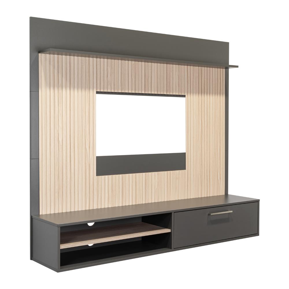 PANEL DE TV HOBER, PLATA OSCURO Y BARDOLINO, CON ESPACIO PARA TELEVISOR DESDE 55" HASTA 70"