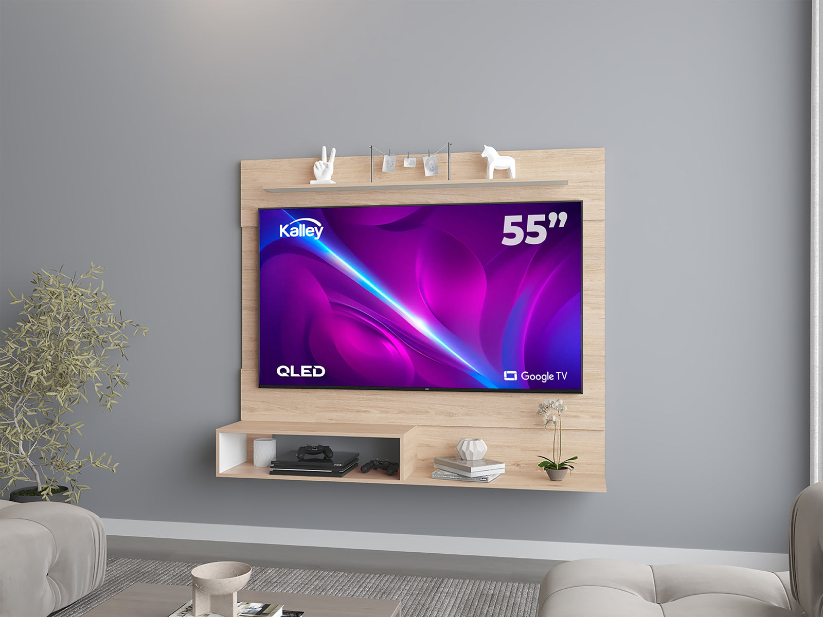 PANEL DE TV ASCHER, BEIGE Y BLANCO, CON ESPACIO PARA TELEVISOR DE HASTA 55 PULGADAS