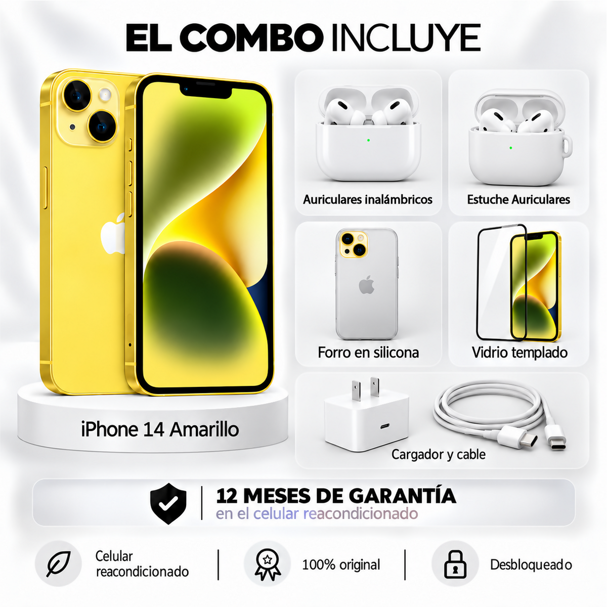 Celular Reacondicionado iPhone 14 128Gb Apple + Auriculares inalámbricos + Estuche + Forro space + Vidrio Templado + Cargador y Cable