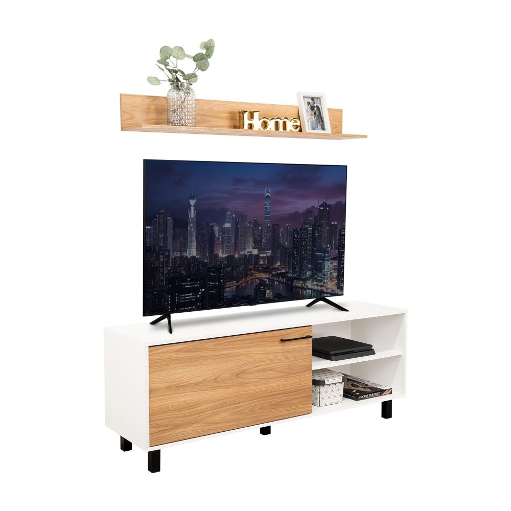 MESA PARA TV BRYCE, BLANCO DUQUEZA Y FRESNO EUROPEO, PARA TELEVISOR HASTA 60 PULGADAS