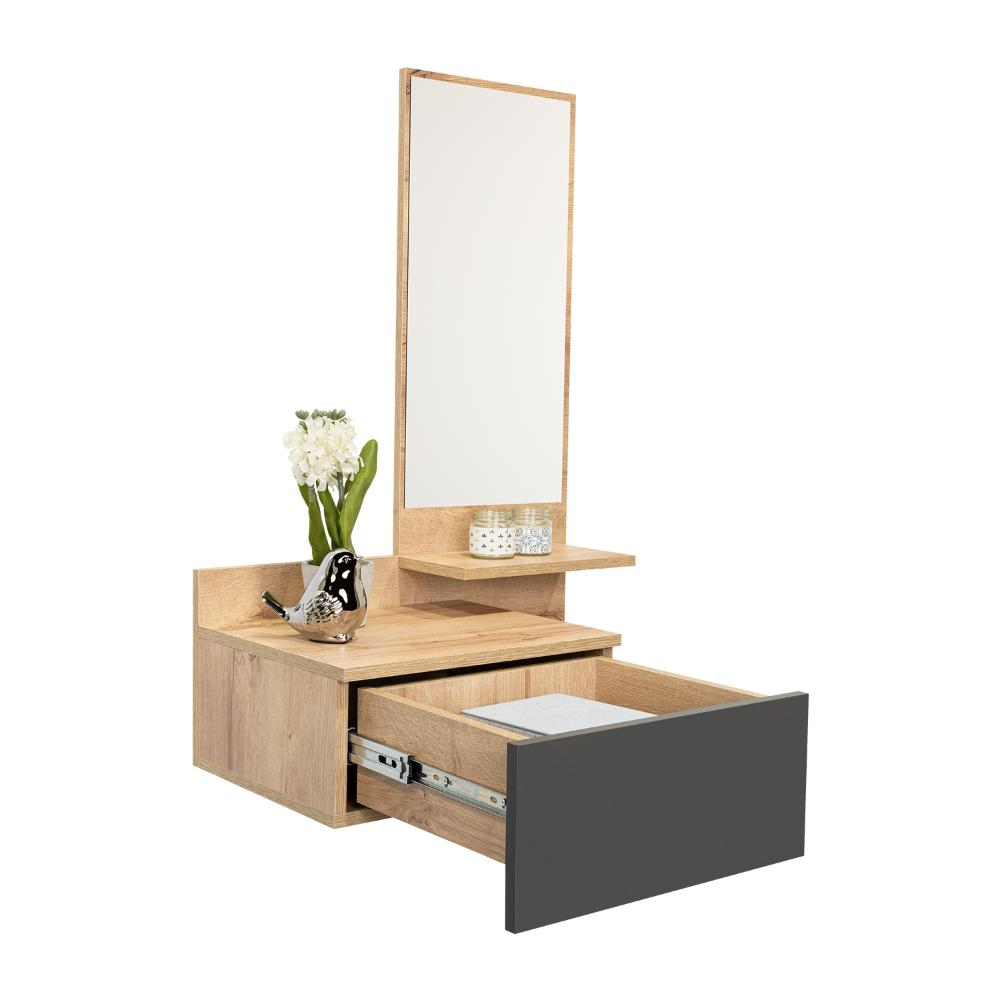 MESA FLOTANTE RECIBIDOR VIENA, CAFÉ CLARO Y PLATA OSCURO, CON UN CAJÓN