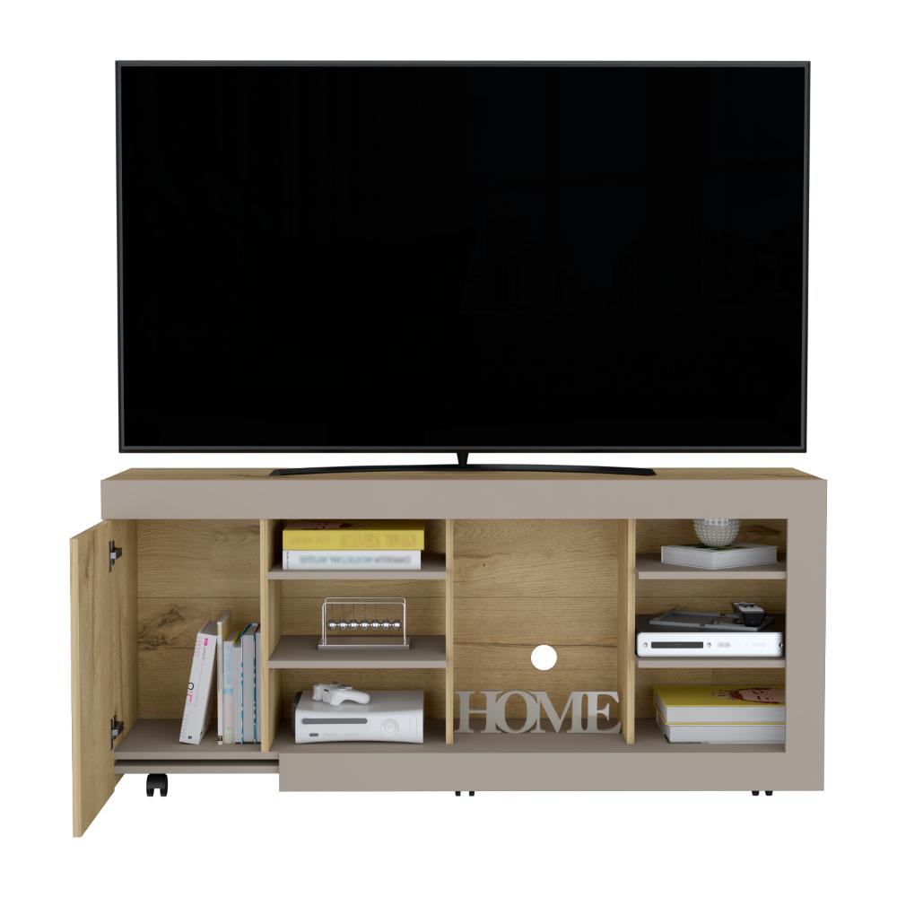 MESA PARA TV SAHAR, CAFÉ CLARO Y COCOA, PARA TV DE HASTA 65" CON UNA PUERTA ABATIBLE Y TRES ENTREPAÑOS