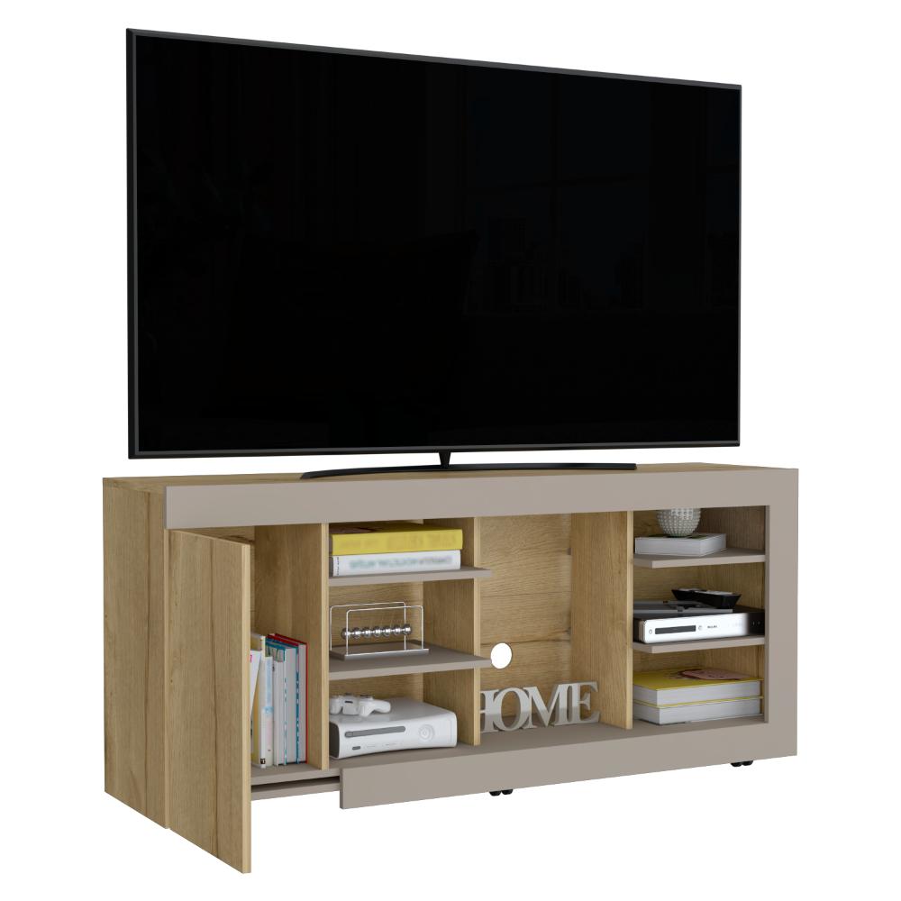 MESA PARA TV SAHAR, CAFÉ CLARO Y COCOA, PARA TV DE HASTA 65" CON UNA PUERTA ABATIBLE Y TRES ENTREPAÑOS