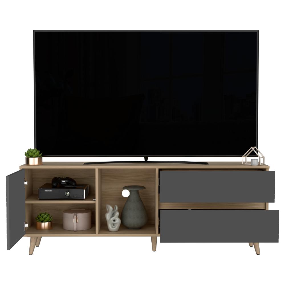 MESA PARA TV NASHIRA, FRESNO EUROPEO Y PLATA OSCURO, CON ESPACIO PARA TELEVISOR DE HASTA 65 PULGADAS