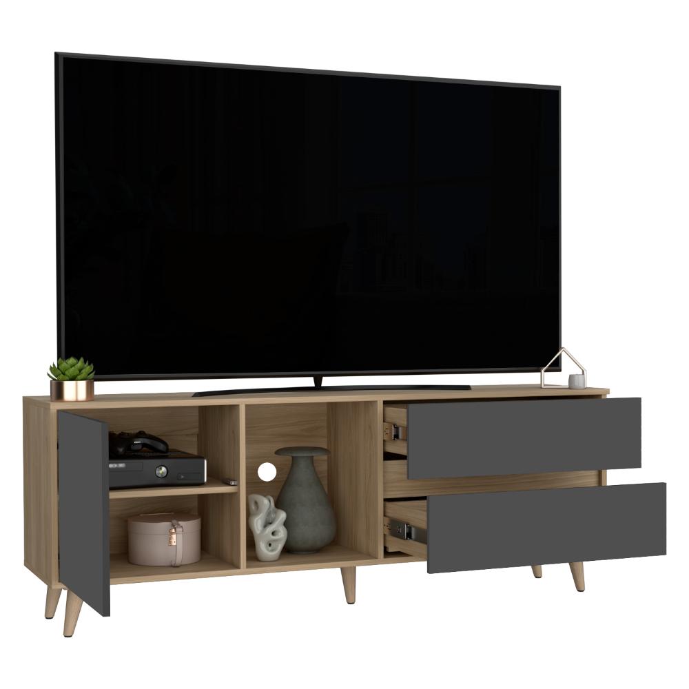 MESA PARA TV NASHIRA, FRESNO EUROPEO Y PLATA OSCURO, CON ESPACIO PARA TELEVISOR DE HASTA 65 PULGADAS