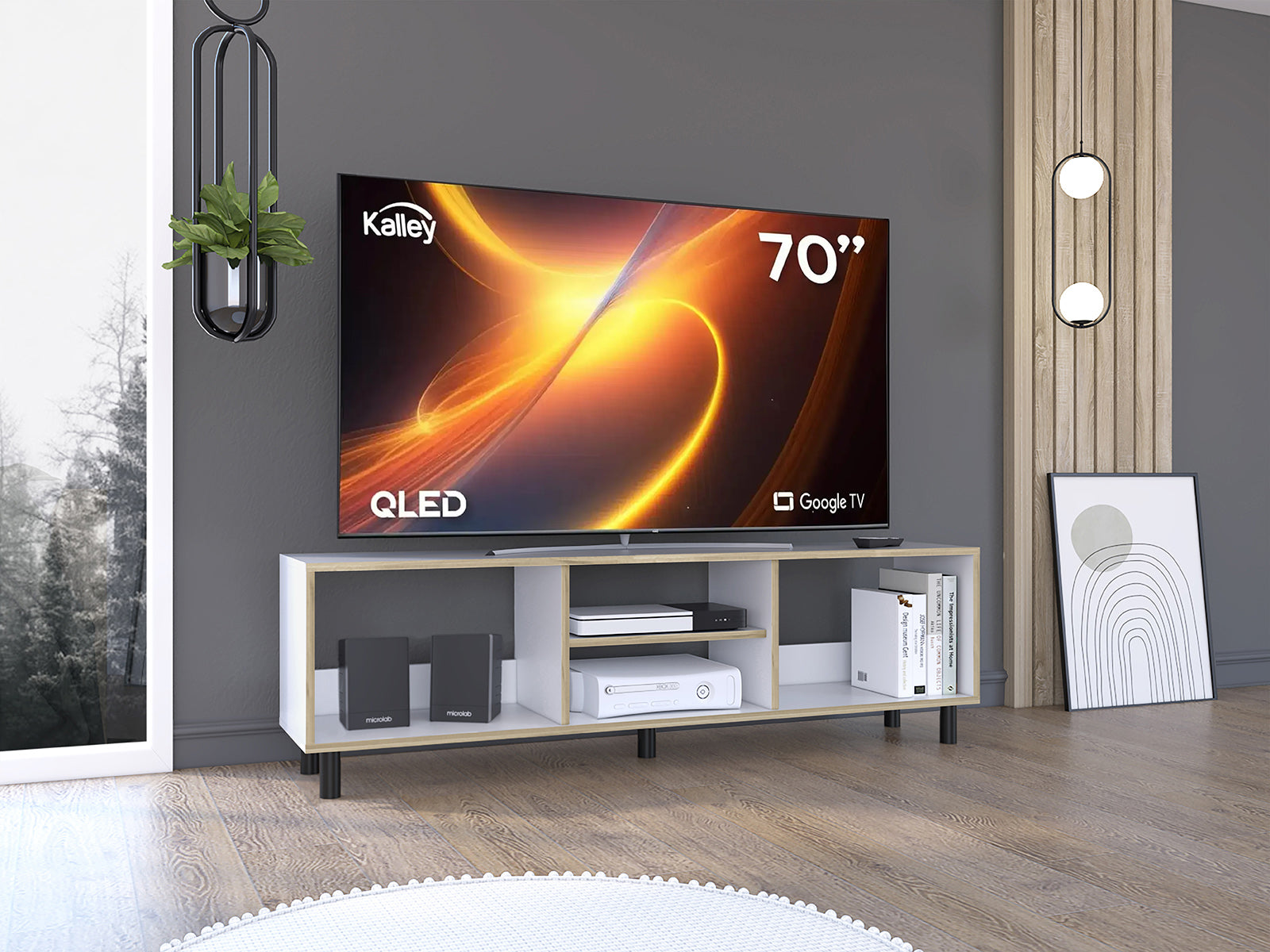 MUEBLE MULTIUSOS TUNEZ, BLANCO Y CAFÉ CLARO PARA TELEVISOR HASTA 70 PULGADAS