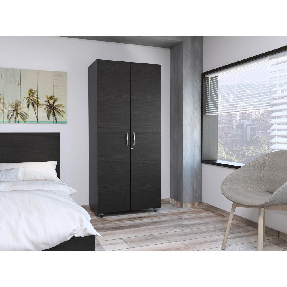 CLOSET CARLOTA, WENGUE, CON UN TUBO CROMADO Y TRES ENTREPAÑOS Y DOS PUERTAS