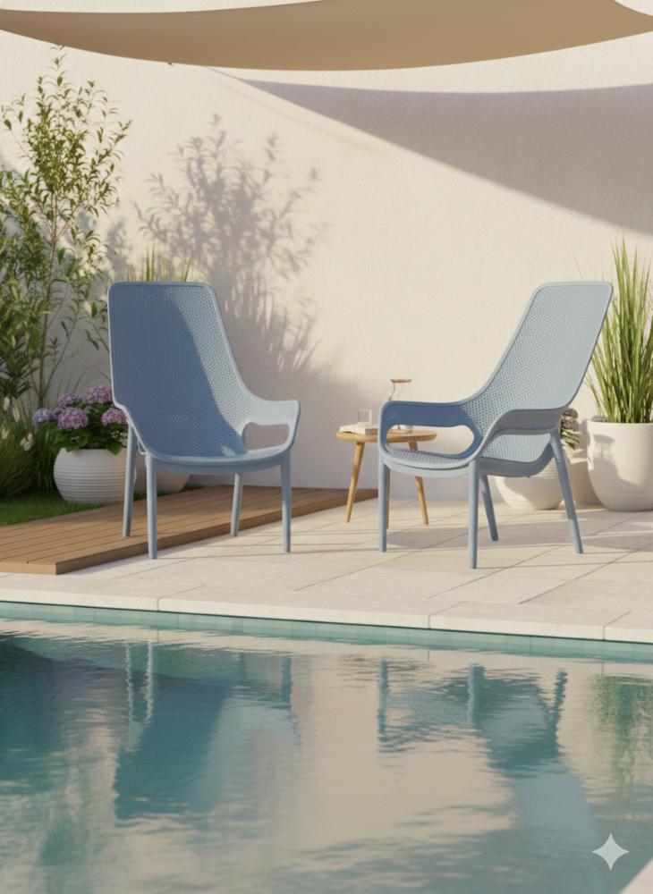Silla Launge Mayorca, Azul Claro, con espaldar y reposa brazos