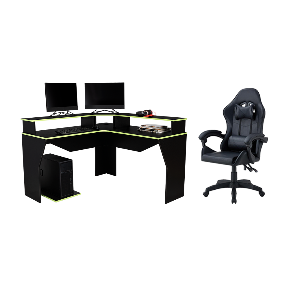 COMBO PARA OFICINA VITORINO, VERDE Y NEGRO, INCLUYE SILLA Y ESCRITORIO GAMER