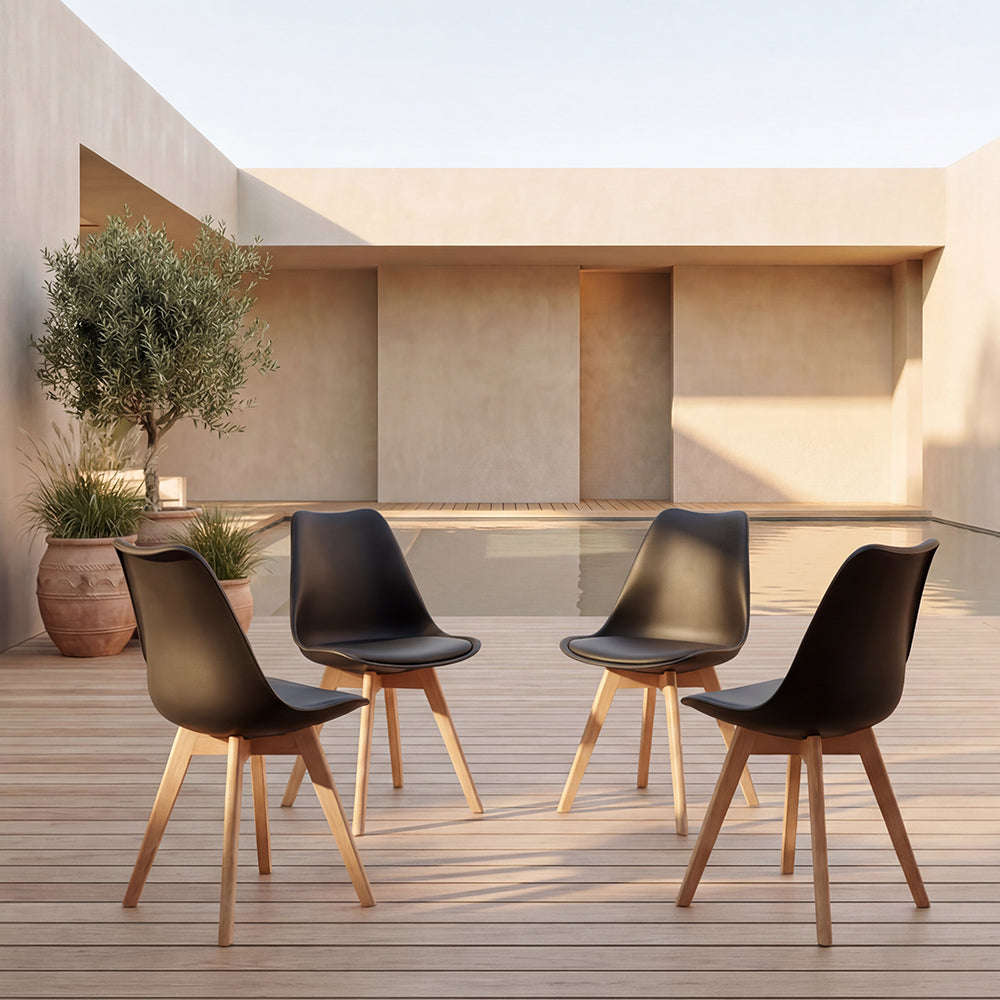 Silla Fyn, Negro, Diseño Minimalista Con Espaldar, Cojín y Patas De Madera X4