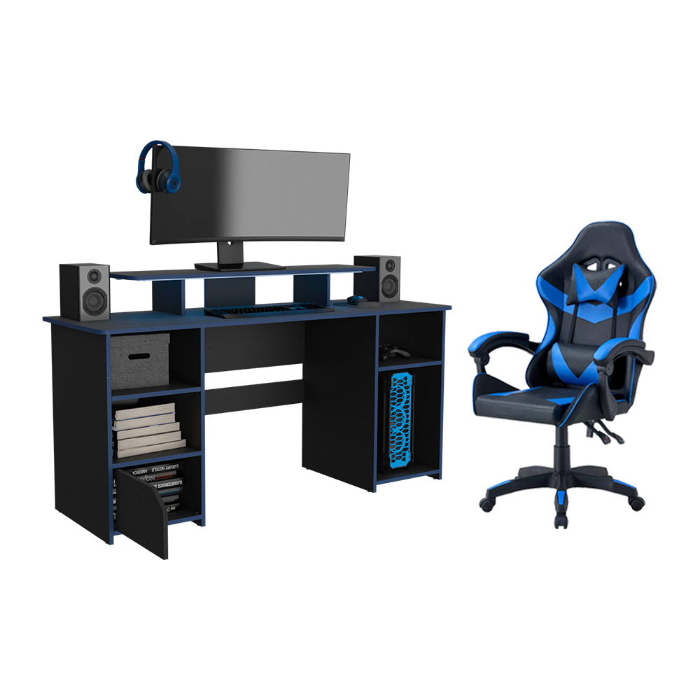 COMBO PARA OFICINA BEL, AZUL Y NEGRO, INCLUYE SILLA Y ESCRITORIO GAMER