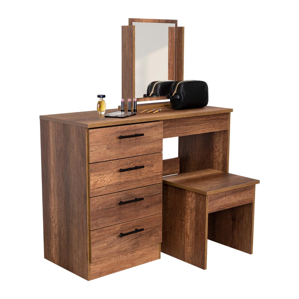 MUEBLE TOCADOR WESLEY, COBRE Y WENGUE, CON CUATRO CAJONES PARA UBICAR MAQUILLAJE