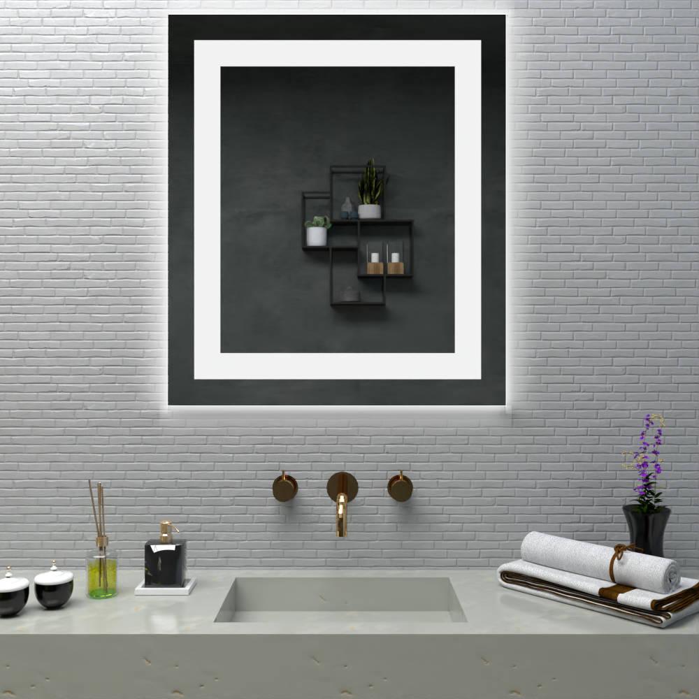 ESPEJO RECTANGULAR, GRIS, CON LUZ LED Y DISEÑO EN SANDBLASTING