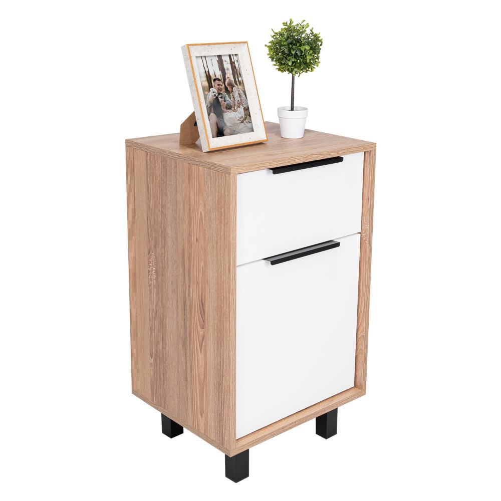 MESA DE NOCHE WESLEY, MIEL Y BLANCO, CON UNA PUERTA Y UN CAJÓN ORGANIZADOR