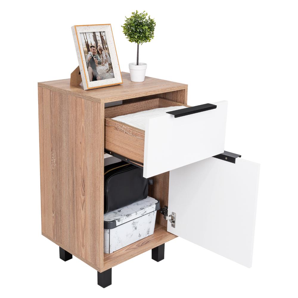 MESA DE NOCHE WESLEY, MIEL Y BLANCO, CON UNA PUERTA Y UN CAJÓN ORGANIZADOR