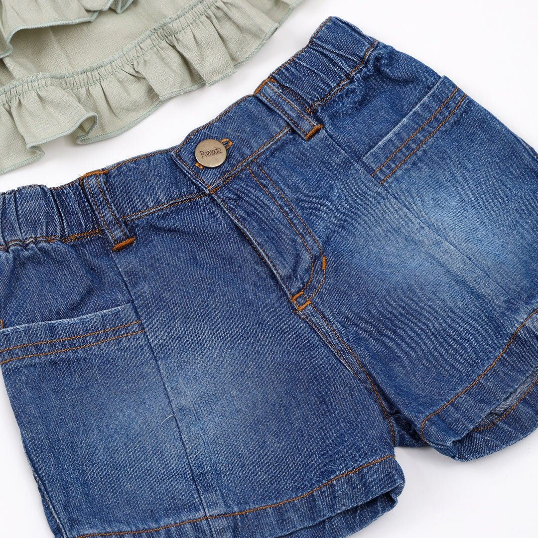 62026 CONJUNTO SHORT EN DENIM CON BLUSA BORDADA NIÑA BEBE