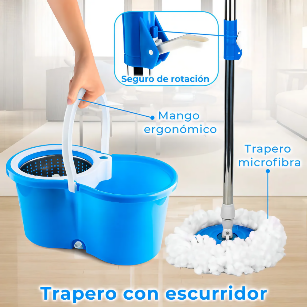 TRAPEADOR GIRATORIO 360° CON BALDE AUTOESCURRIBLE Y 2 REPUESTOS, COLOR AZUL, LIMPIEZA PROFUNDA SIN ESFUERZO, IDEAL PARA TODO TIPO DE PISOS.