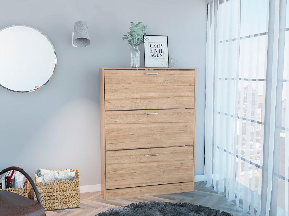 ZAPATERO MERLÍN, CAFÉ CLARO Y BLANCO, CON TRES PUERTAS ABATIBLES CON MANIJAS METÁLICAS