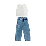 33020 CONJUNTO ESTRELLA NIÑA JUNIOR - PANTALÓN DENIM ESTRELLAS Y BLUSA LENTEJUELAS