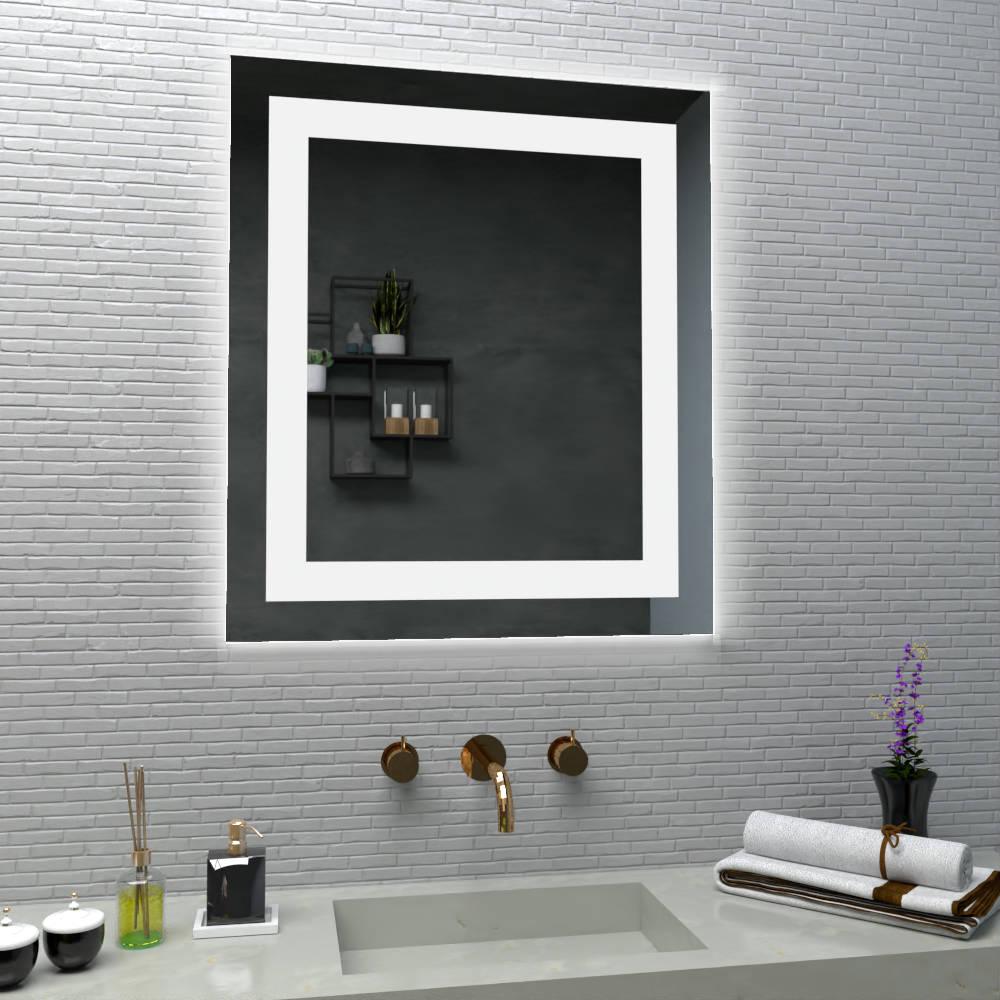 ESPEJO RECTANGULAR, GRIS, CON LUZ LED Y DISEÑO EN SANDBLASTING