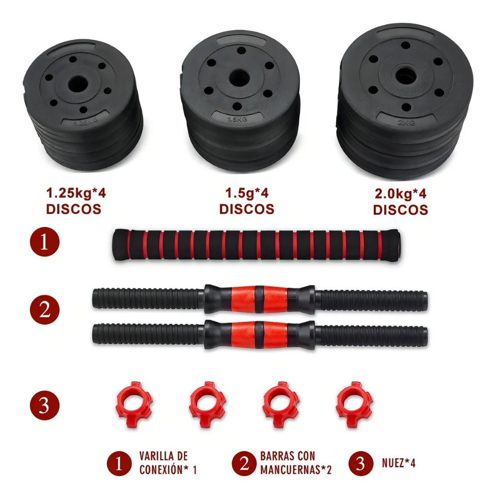 KIT 3 EN 1 MANCUERNAS AJUSTABLES 20KG CON BARRA RECTA