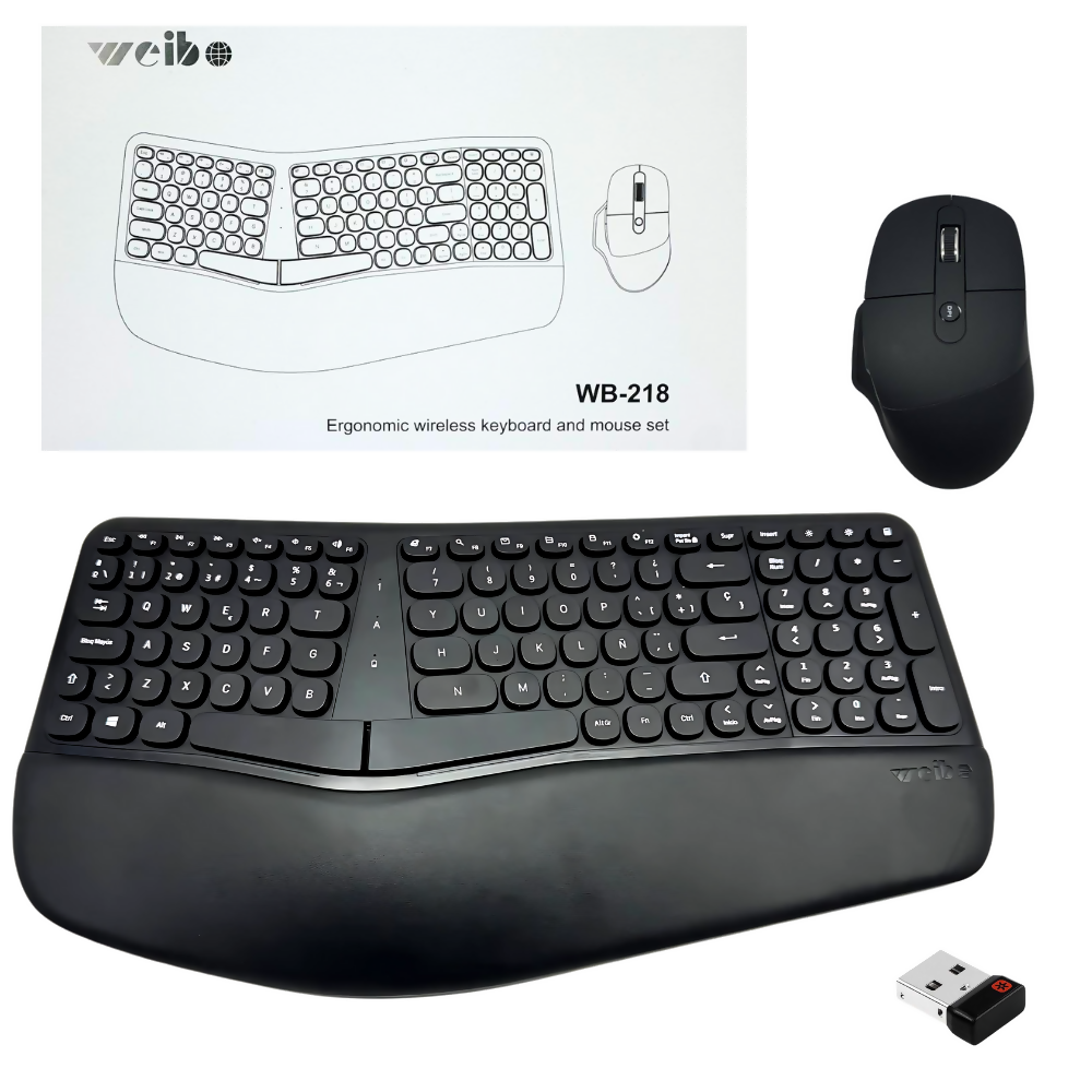 COMBO TECLADO MOUSE INALÁMBRICO ERGONÓMICO RECEPTOR USB WEIB