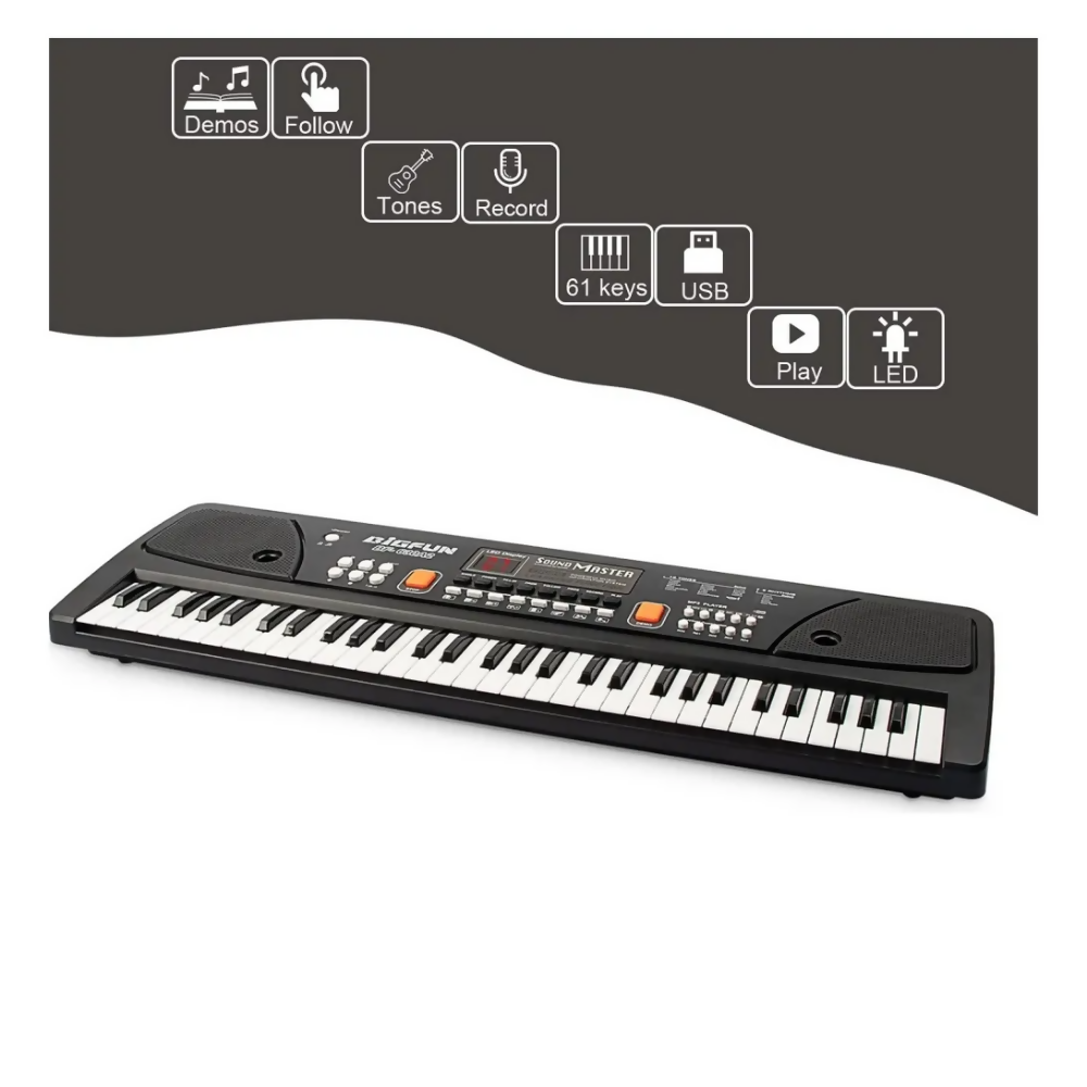 PIANO ORGANETA MUSICAL PARA NIÑOS 61 TECLAS BIGFUN MICRÓFONO COLOR NEGRO