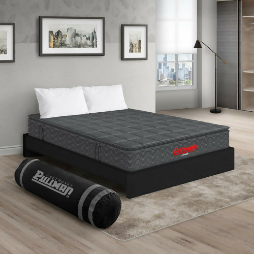 COLCHÓN ORTHOPACK BTU + BASE CAMA + ALMOHADA COLOR GRIS TELA COLOR NEGRO 200X200 KING