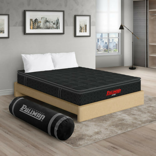 COLCHÓN ORTHOPACK BTU + BASE CAMA + ALMOHADA COLOR NEGRO TELA COLOR BEIGE 200X200 KING