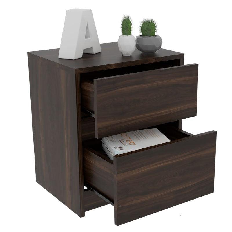 MESA DE NOCHE OZZAN, CAOBA, CON DOS CAJONES DESLIZABLES CON APERTURA SIN MANIJAS