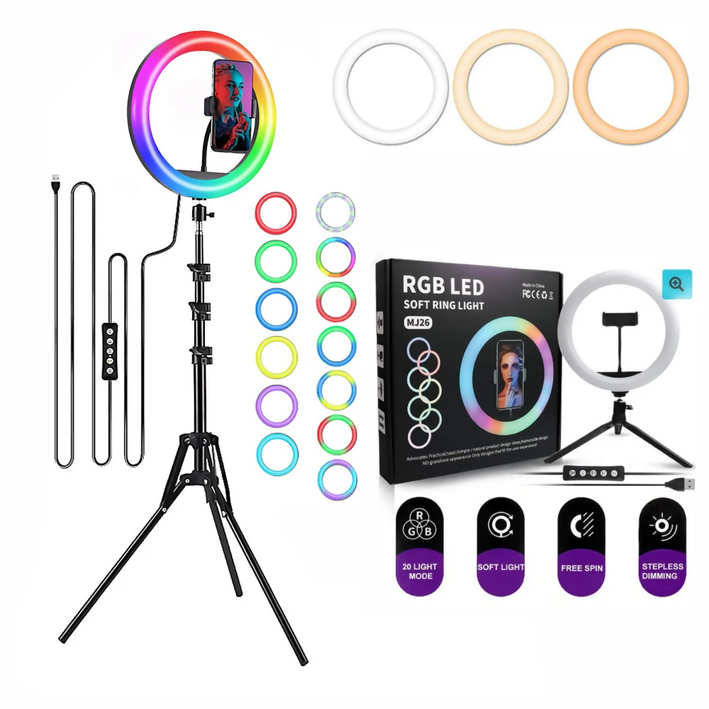 ARO DE LUZ 26 CM RGB LED CON TRÍPODE PROFESIONAL 2 MTS