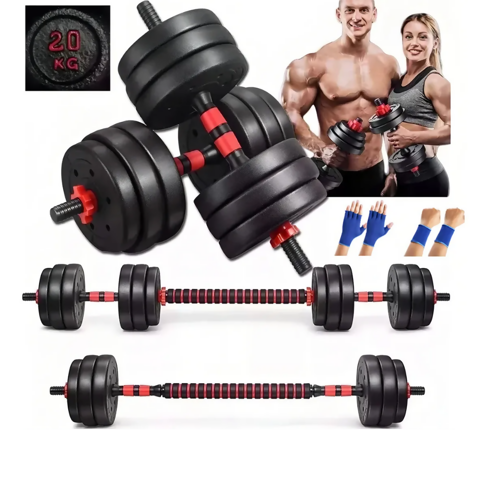 KIT 3 EN 1 MANCUERNAS AJUSTABLES 20KG CON BARRA RECTA